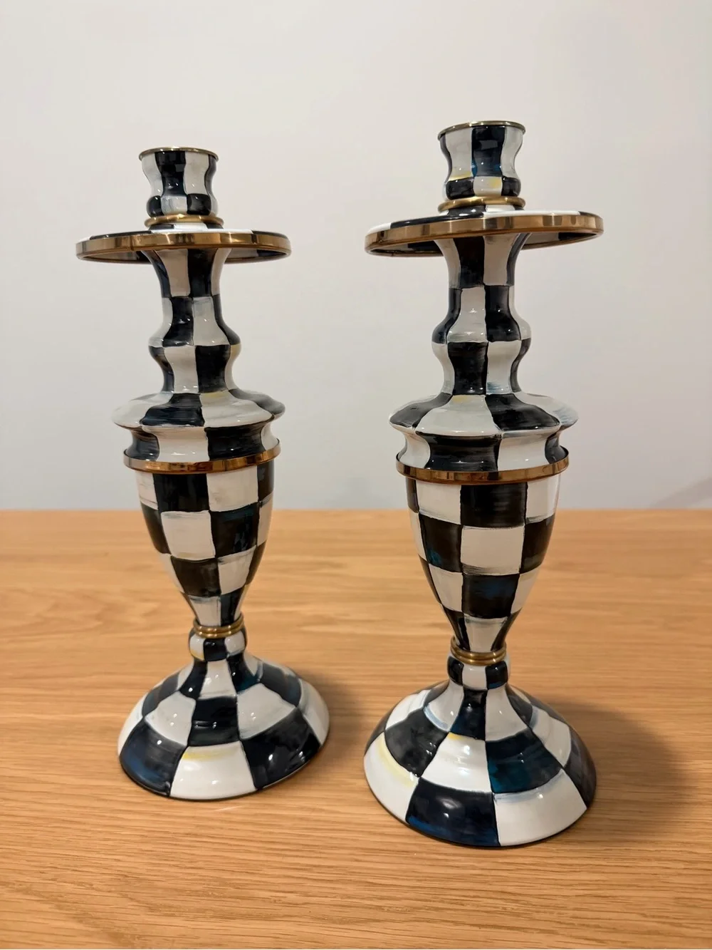MacKenzie-Childs Black, White & Gold Checkered Ceramic Candle Holders - Pair